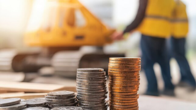 Stacked coins in the foreground with construction workers in the background, suggesting a connection between finance and construction.