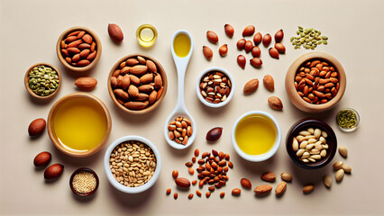 A Harmonious Display of Organic Nuts, Seeds, and Oils in White Bowls on a Light Beige Background: A Balanced Composition Highlighting Almonds, Peanuts, Mixed Nuts, Pumpkin Seeds, Pine Nuts