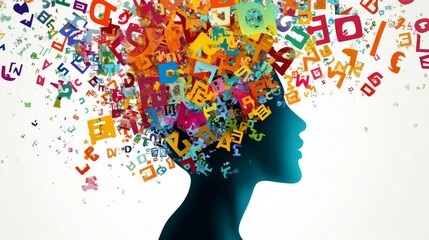 Surreal Silhouette of Person's Head with Colorful Flying Letters, in Various Sizes and Colors. Dreamlike and Thoughtful Concept.