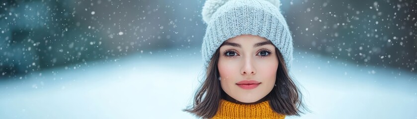 Trendy winter hat with pompom, model standing against a snowy street backdrop, playful and youthful, winter fashion, hat, trendy