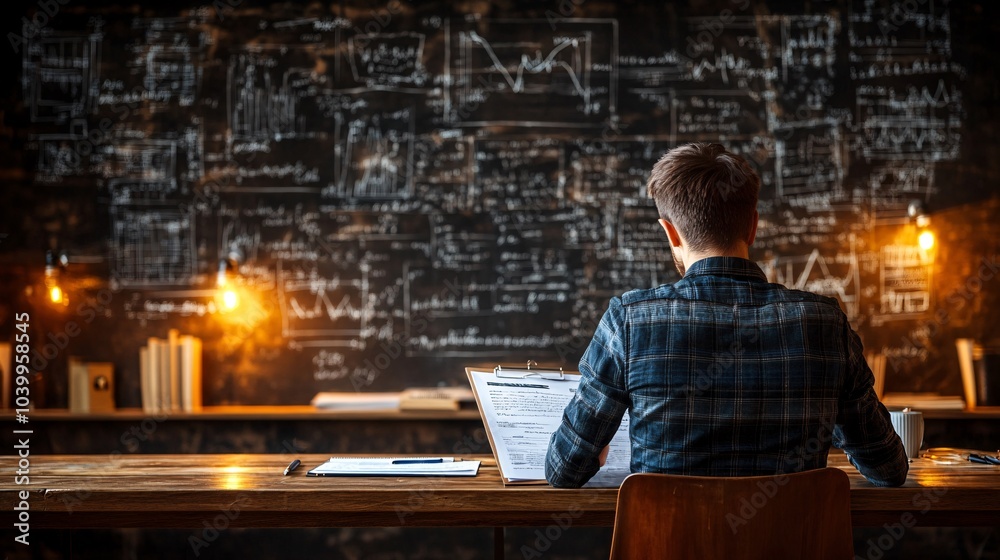 Poster a young entrepreneur reviewing business plans at a desk with a vision board in the background symbol