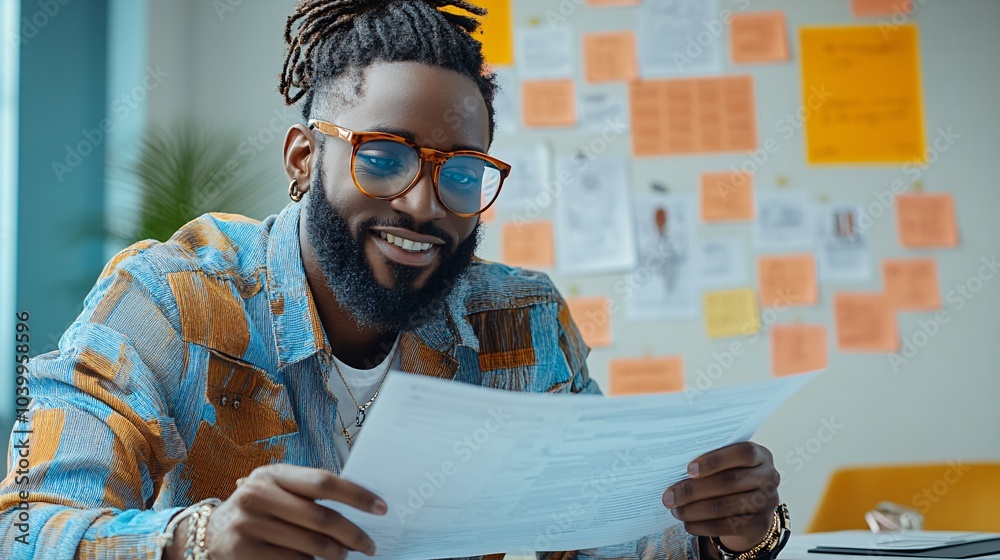 Poster a young entrepreneur reviewing business plans at a desk with a vision board in the background symbol