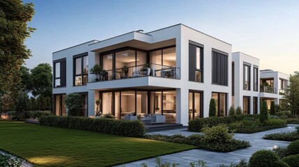 Modern two-story luxury apartment building with flat roof, large windows, and surrounded by greenery in serene environment.