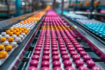 Fototapeta premium A close-up of vibrant pill capsules in blister packets being processed in the hazy pharmaceutical sector on a conveyor belt, Generative AI.