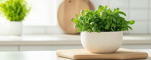 Fototapeta premium Fresh green herbs in a modern kitchen setting, displayed in a textured white pot on a wooden cutting board.