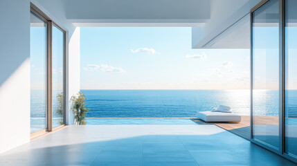 Perspective of modern luxury building with wood terrace and swimming pool on sea view background