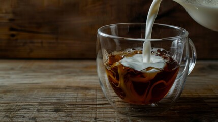 Fototapeta premium Glass of milk is poured into a cup of coffee
