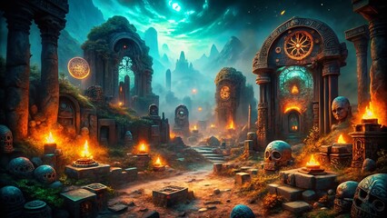 Obraz premium Enigmatic Dark Fantasy World with Illuminated Fossils and Ancient Ruins for Mysterious Atmosphere and Text Overlay