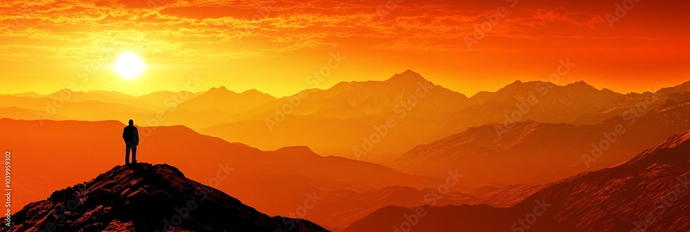 Poster a person standing confidently on a mountain peak with the sun rising behind them symbolizing self-as