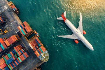 Fototapeta premium Aerial View of Cargo Ship and Airplane Over Turquoise Waters