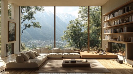 Contemporary Beige Living Room with Scenic View
