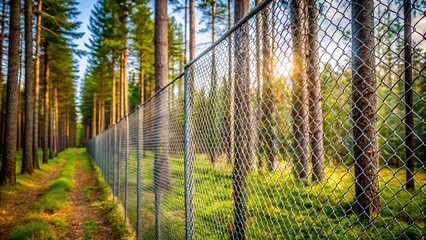 Close-up view of protected coniferous forest behind metal wire fence
