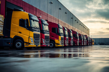 Naklejka premium Photo Close up fleet of trucks parked in front of warehouse to delivering factory goods background