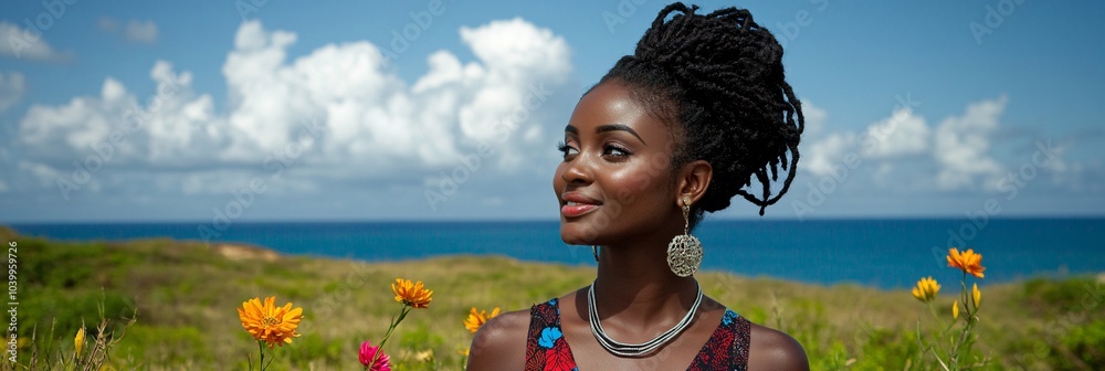 Poster a woman smiling brightly as she looks out at a wide open field with flowers symbolizing optimism and