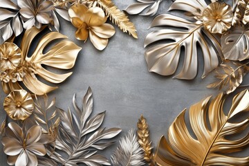 Tropical Leaves and Flowers in Circular Pattern with Metallic and Matte Finish on Textured Gray Background