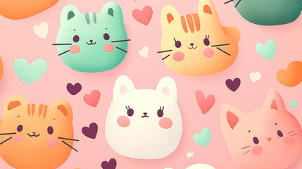 Cute flat pattern with cartoon cats and hearts on white background