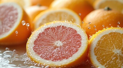 Fresh citrus delight juicy oranges and grapefruits with splashing water effects