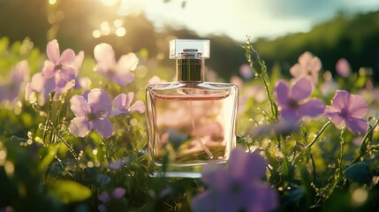 Bright perfumes on lush greenery and florals background, fragrances 