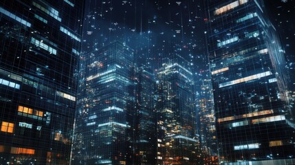 Nighttime cityscape with skyscrapers illuminated in the rain.