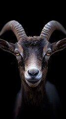 Intriguing close-up of a goat's face, showcasing its unique features against a dark background.