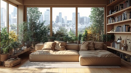 Cozy Beige Living Room with Soft Couch and Books