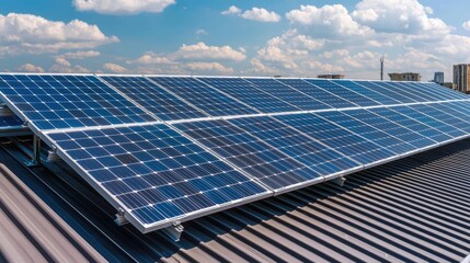 Solar panels installed on a rooftop with blue sky and clouds in the background.