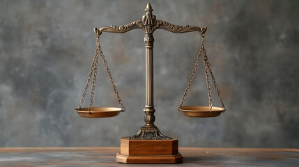 Close-up of an antique brass balance scale with a wooden base and golden weighing pans, featuring intricate chain details and a vintage legal instrument aesthetic symbolizing justice.