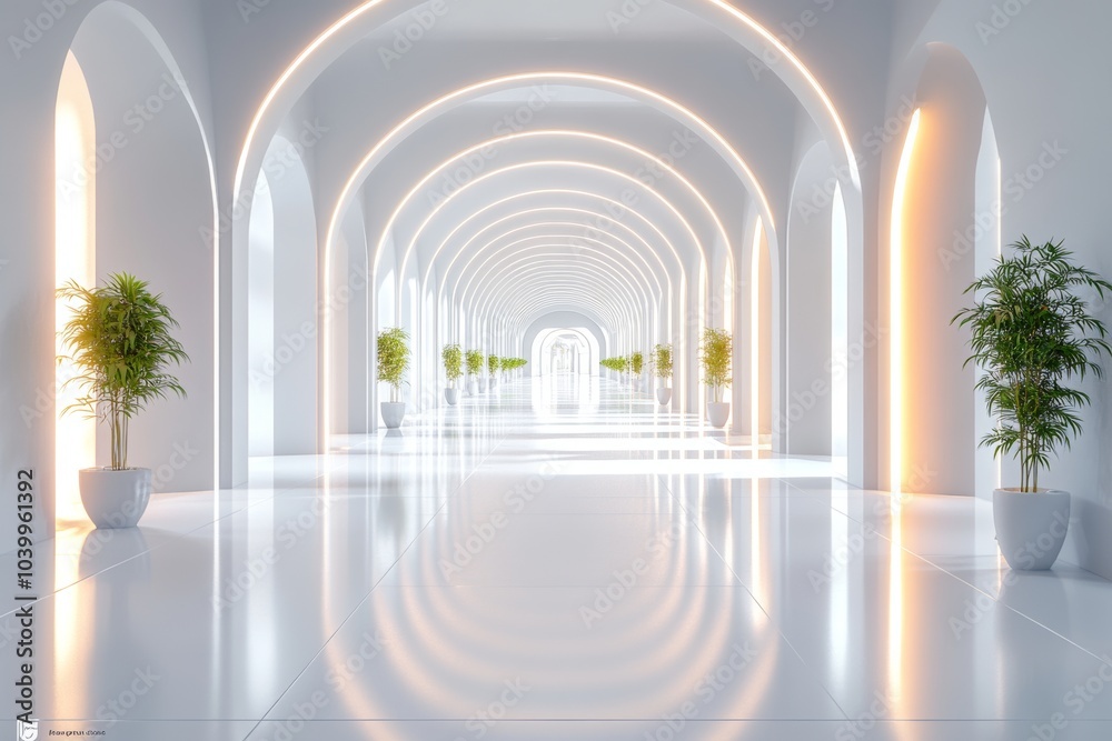 Poster conceptual 3d rendering of an empty futuristic tunnel room illuminated by light on the wall.
