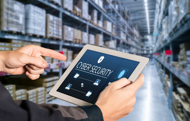 Cyber security system on computer screen protect private information snugly from hacker and cyber attack