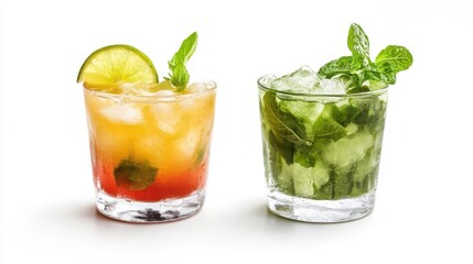 caipirinha and mojito cocktails artfully presented against a crisp white background, highlighting the vibrant colors and refreshing appeal of these popular drinks