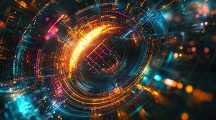 Obraz premium Abstract digital vortex with vibrant colors and glowing lines.