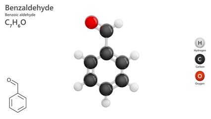 Molecule: Benzaldehyde. Molecular structure. Formula: C7H6O. Chemical model: Ball and stick. White background. 3D illustration.
