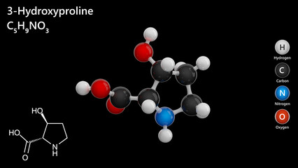 3-Hydroxyproline. Molecular structure. Formula: C5H9NO3. Chemical model: Ball and stick. Black background. 3D illustration