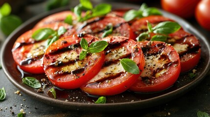 Grilled tomato and basil salad with balsamic glaze