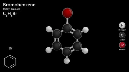 Molecule: Bromobenzene. Molecular structure. Formula: C6H5Br. Chemical model: Ball and stick. Black background. 3D illustration.
