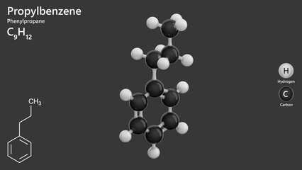 Molecule: Propylbenzene. Molecular structure. Formula: C9H12. Chemical model: Ball and stick. Gray background. 3D illustration.