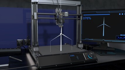 Printing a wind farm layout on a 3D printer is an modern way to visualize and design renewable energy projects. Creating a detailed model, with rotating blades. 3d illustration
