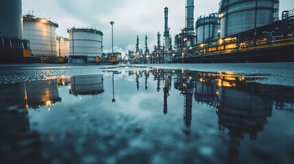 Fototapeta premium Industrial Landscape with Reflections in Puddle