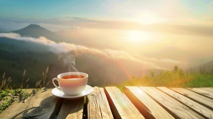Cup of tea is sitting on a wooden table