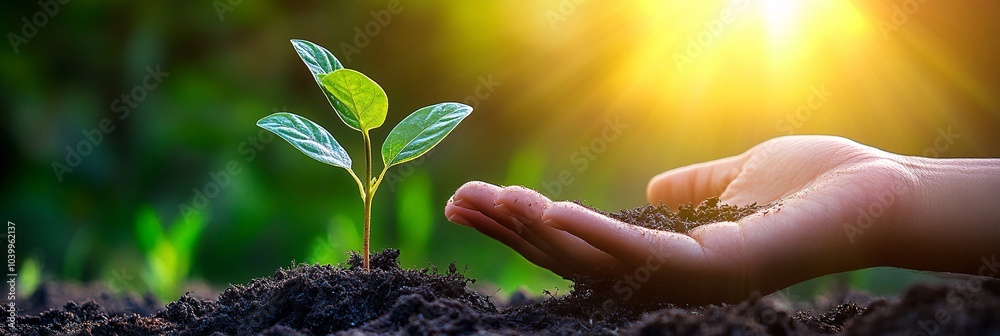 Aufkleber a hand holding a small sapling against a backdrop of sunlight symbolizing hope for growth and new be