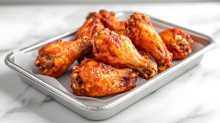 Fototapeta premium Close-up of crispy golden chicken wings in a silver serving tray with parchment lining on a white marble countertop, featuring steam, soft lighting, and an appetizing gourmet presentation.
