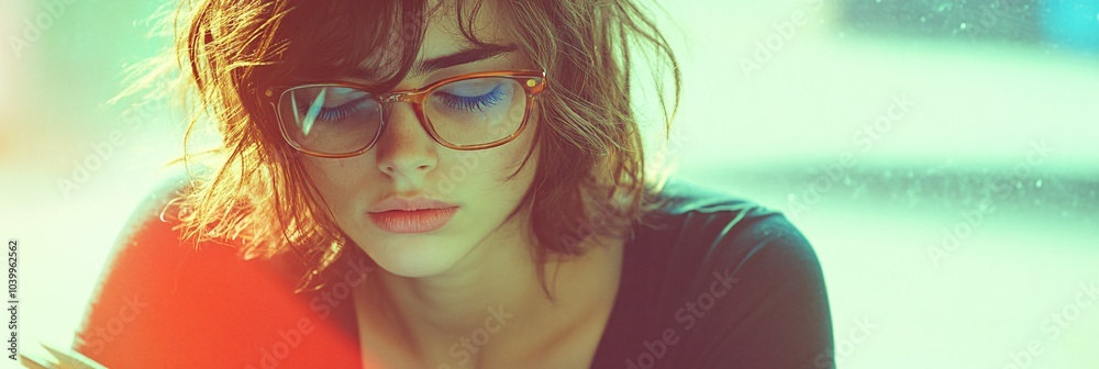 Aufkleber A person writing in a journal with a thoughtful expression while sitting by a window with sunlight streaming in symbolizing reflection and hope Stock Photo with side copy space