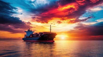 Obraz premium cargo ship sailing gracefully at sunset, silhouetted against a dramatic sky, capturing a moment of tranquility and adventure on the open water with beautifully blended colors