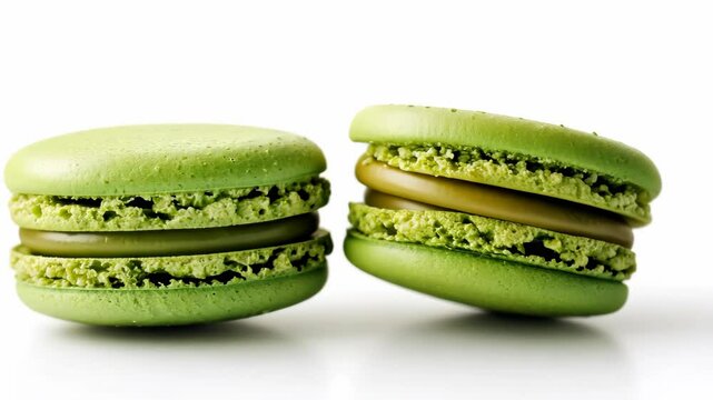 Two green macarons with a light brown filling sit on a white surface