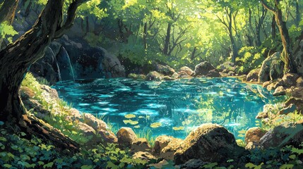 Obraz premium A tranquil forest pond surrounded by lush greenery and a small waterfall.