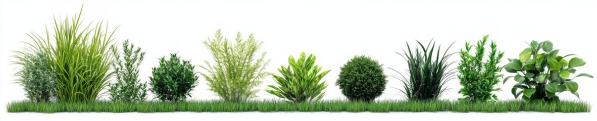 Variety of Plants and Shrubs Arranged in Rows on White Background with Unique Shapes and Sizes - Lush and Healthy