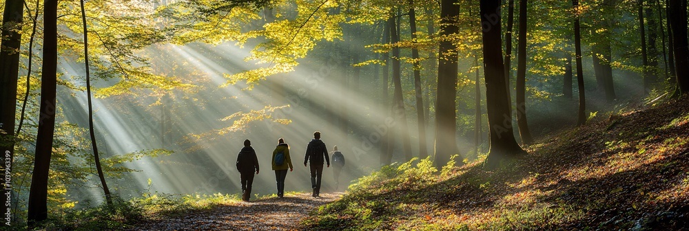 Aufkleber A group of friends walking together through a forest with sunlight streaming through the trees symbolizing optimism and connection Stock Photo with side copy space
