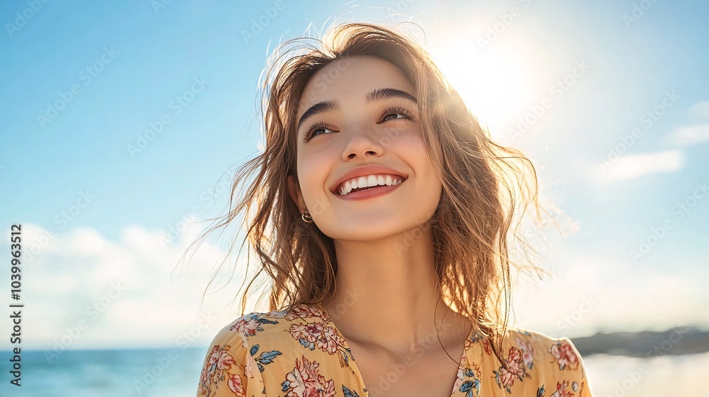 Poster a woman smiling and looking up at a bright sky with rays of sunlight shining down symbolizing optimi