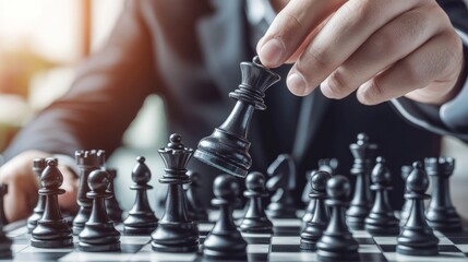 Business success concept, business competition planning teamwork strategic concept, businessman moving chess piece on chess board game concept for ideas and competition and strategy.
