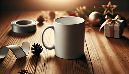Minimalist Christmas-themed coffee mug mockup with no text, perfect for promoting personalized holiday gifts or seasonal products. AI-generated
